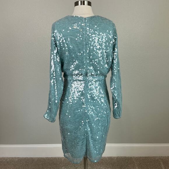 Aidan Mattox Sequined Lace Long Sleeve Cocktail Dress Blue Size 6 Mini Sheath - Picture 6 of 13